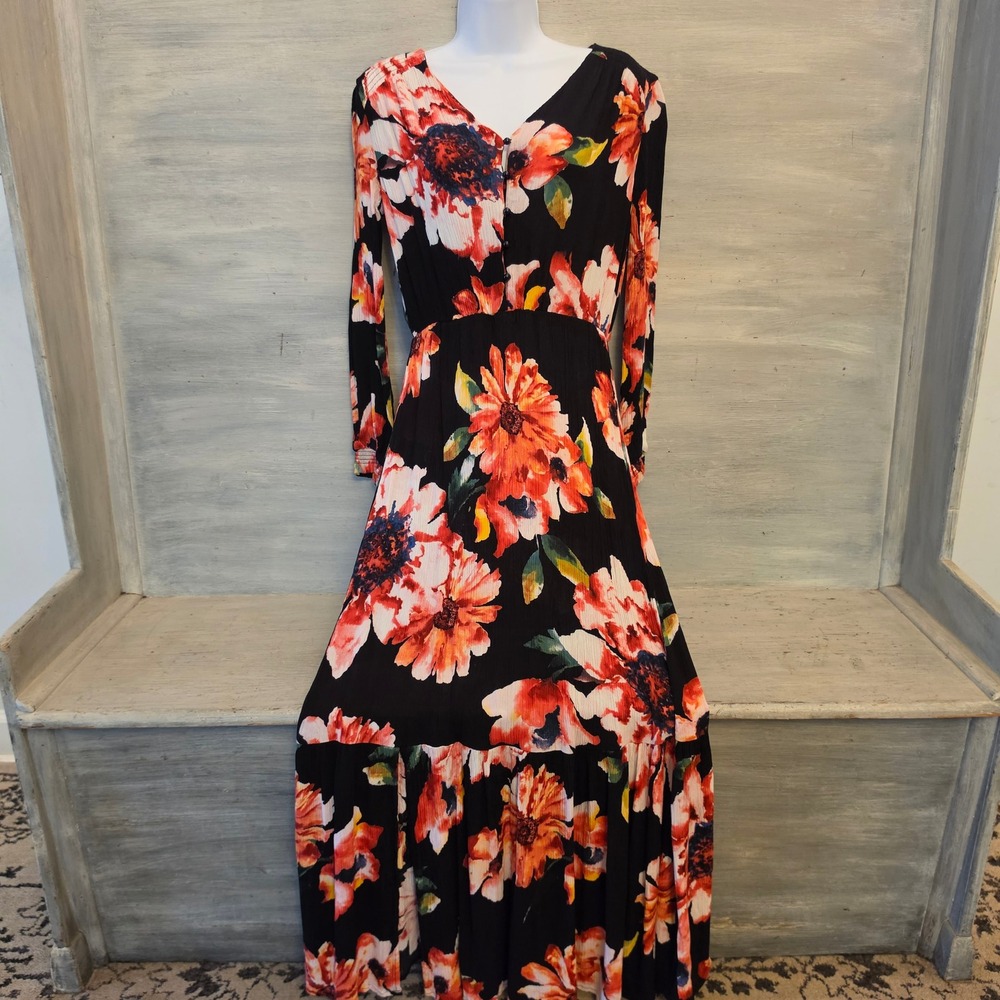 ECI New York Black Multicolor Floral Print Vneck Slit Hem Maxi Dress Small GC
